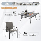 Patio Dining Set for 8, 60" x 60" Square Metal Table with Umbrella Hole, 8 x Stable Brown Dining Chairs, Outdoor Table and Chairs Set for Lawn Backyard and Deck
