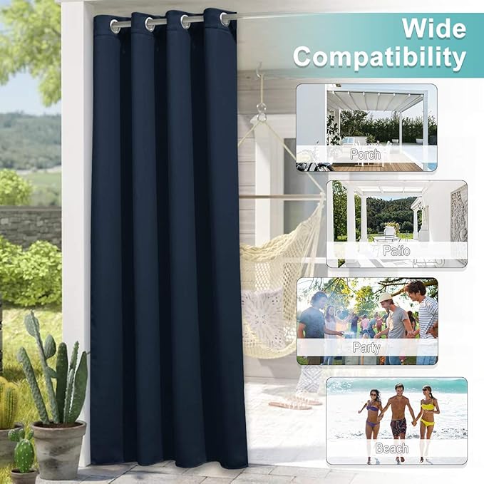 NICETOWN Waterproof Outdoor Curtain W66 x L95 inch, Stainless Grommet Sunlight Blocking Weatherproof Curtains for Farmhouse, UV Protection Curtain for Summer Cold insulation for Winter (Navy, 1 Panel)