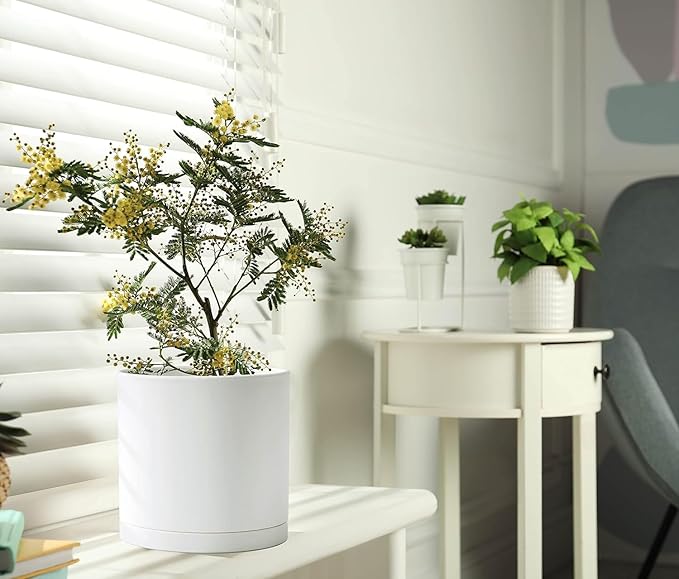Planter Pots, Set of 2 Matte White Plastic Modern Planters with Saucers