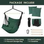 Highwild Hammock Chair Hanging Rope Swing - Max 500 Lbs - 2 Cushions Included - Steel Spreader Bar with Anti-Slip Rings - for Any Indoor or Outdoor Spaces (D- Cushions Included-Green)