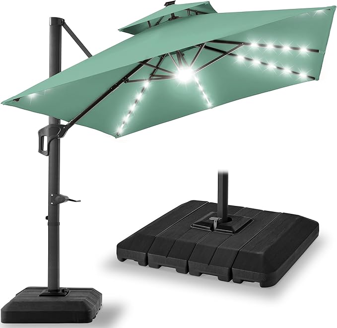 Best Choice Products 10x10ft Cantilever Patio Umbrella w/Base Included, Solar LED Lights 360 Rotation Large Offset Hanging Outdoor Shade for Deck Pool Backyard w/Stand – Seaglass