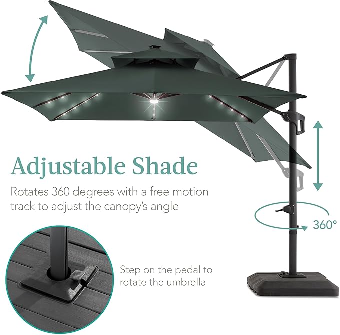 Best Choice Products 10x10ft Cantilever Patio Umbrella w/Base Included, Solar LED Lights 360 Rotation Large Offset Hanging Outdoor Shade for Deck Pool Backyard w/Stand – Slate