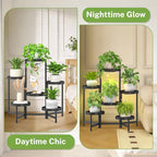 iDavosic.ly 6 Tier Folding Plant Stand Indoor Outdoor with Grow Light, Tiered Corner Flower Holder Shelf with Plastic Tray, Metal Orchid Display Rack for Patio Porch Living Room Garden Balcony, Black