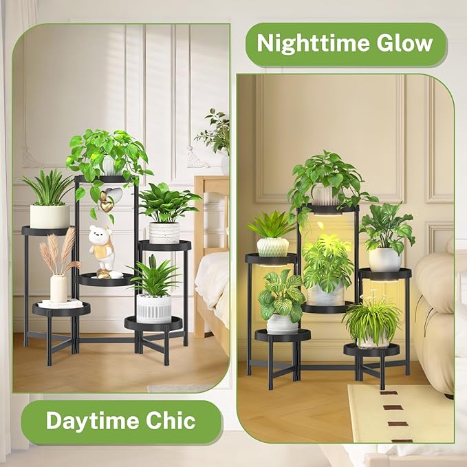 iDavosic.ly 6 Tier Folding Plant Stand Indoor Outdoor with Grow Light, Tiered Corner Flower Holder Shelf with Plastic Tray, Metal Orchid Display Rack for Patio Porch Living Room Garden Balcony, Black