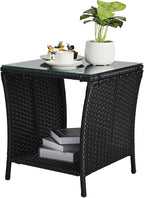 VINGLI Outdoor Wicker Side Table Patio Side Tables for Outside, Tempered Glass Top Wicker Table with Storage End Table for Balcony Porch Deck (Black)
