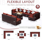 NICESOUL 11 Piece Modern Outdoor Patio Furniture Set with Firepit Propane/Natural Gas, 29.3'' High Back Wicker Conversations, 10 Seater Large Wide Sectional for Outside, Brown Rattan and Red Cushion