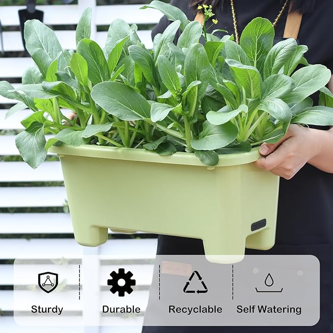 Self-Watering Rectangle Planter Boxes 8-Pack, 15.7-Inch Window Box Planter with Drainage Holes & Trays, Pots for Vegetables, Herbs, Flowers, Garden Windowsill Balcony (Light Green)