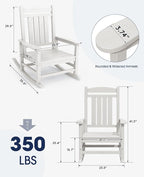 KINGYES Oversized Patio Rocking Chair Set of 2, High Density Polyethylene Outdoor Rocking Chairs with 330lbs Support for Adults, White