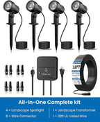 ZZXX All-in-One LED Landscape Lighting Kit, 4-Pack Low Voltage Landscape Lights with Transformer 32FT Wire and Connectors, 2700K Waterproof Outside Spotlights for Yard Garden Tree Pathway House