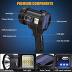 Rechargeable Spotlight, 99000 Lumens Bright LED Spotlight Flashlight, Long Running Spot Light Searchlight, Outdoor Handheld Spotlights with Solar Panels for Hunting,Camping,Boat,6 Spotlight Modes