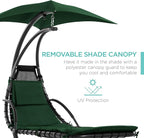 Best Choice Products Outdoor Hanging Curved Steel Chaise Lounge Chair Swing w/Built-in Pillow and Removable Canopy - Green