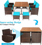 Tangkula 9 Pieces Acacia Wood Patio Dining Set, Space Saving Wicker Chairs and Wood Table with Umbrella Hole Outdoor Furniture Set, Suitable for Garden, Yard, Poolside, Outdoor Seating Set