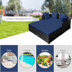 RELAX4LIFE Rattan Patio Outdoor Daybed, Wicker 2-Person Sunbed Loveseat with Soft Cushions, 4 Pillows, Curved Backrest & Armrest, Double Bed Lounger Sofa Set for Balcony Porch, Patio Bed (Navy)