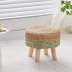 Cpintltr Ottoman Natural Seagrass Footrest Poufs Hand Weave Round Foot Stool for Couch Desk Soft Step Stool Padded Foot Rest with Pine Legs for Living Room Bedroom Natural/Green