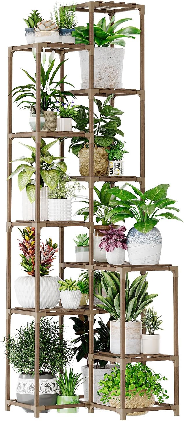 Bamworld 72" Tall Plant Shelf Indoor Outdoor Corner Plant Stand Large Plant Table Wood Plant Holder for 10 Pots Multiple Plants Patio Balcony Garden Office Home Decor