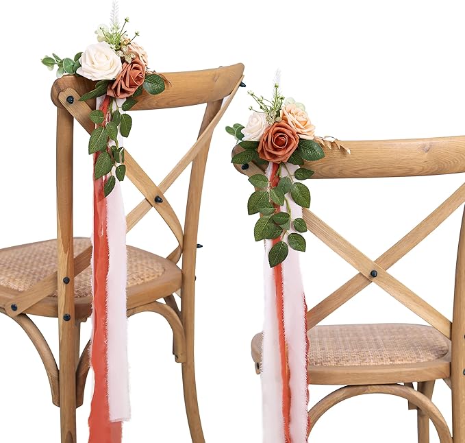 Artificial Flower Chair Decor Set of 10 with Terracotta Roses and Ribbon