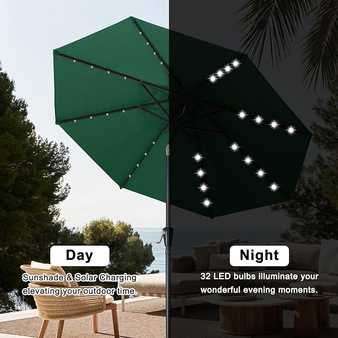 ABCCANOPY Durable Solar Led Patio Umbrellas with 32LED Lights 9FT (Forest Green)