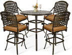 VIVIJASON 5-Piece Patio Swivel Bar Stools Set, All Weather Outdoor Cast Aluminum Bar Height Bistro Set with 4 Cushioned Bar Chairs & 35.4" High Bar Table w/Umbrella Hole for Backyard, Lawn, Garden