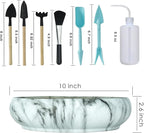 Succulent Pots, 10 Inch Large Succulent Planter Pots with Drainage - Ceramic Marble Bonsai Pot with Stand Shallow Planter for Cactus Flower Plants Plus Succulent Planting Tools Set & 2.2lb Mix Pebbles