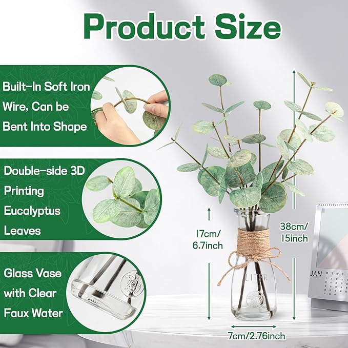 Artificial Eucalyptus Greenery Stems with Glass Vase, 3-Pack, Green
