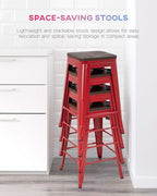 FDW Metal Bar Stools Counter Height Barstool Stackable Barstools Indoor Outdoor Patio Bar Stool Home Kitchen Dining Stool Backless Bar Chair (Red with Wood, 24")