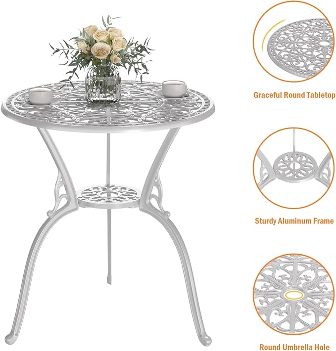 Bistro Set for 2, White Cast Aluminum with Umbrella Hole