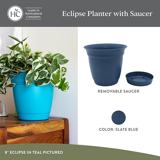 The HC Companies 10 Inch Eclipse Round Planter Pots with Drainage Holes & Attached Saucer, Lightweight UV-Resistant Plastic Indoor & Outdoor Planters, 2-Pack Flower Pots, Garden Home Decor, Slate Blue