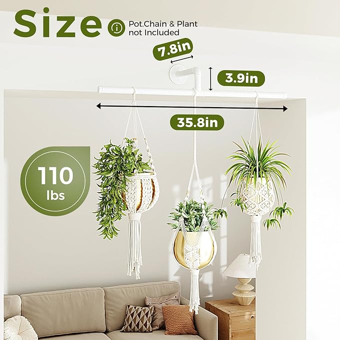 Bamworld Hanging Planters for Indoor Plants Plant Hanger Indoor Hanging Plant Holder Window Plant Shelves Metal Rod(Pot&Plant Not Included) 35.8in White