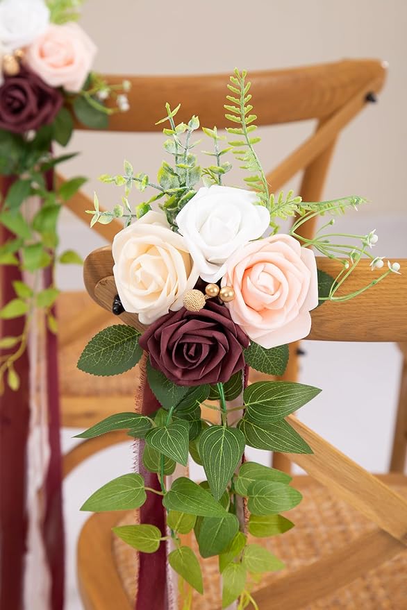 Artificial Flowers Burgundy Wedding Pew Bows, Set of 10 with Ribbon Ties