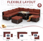 NICESOUL 10 Pieces Outdoor Patio Furniture Set with Fire Pit Table Natural Gas/Propane, 29.3'' High-Back Big Sectionals PE Wicker All Weather Conversations, Brown Rattan and Burgundy Cushion