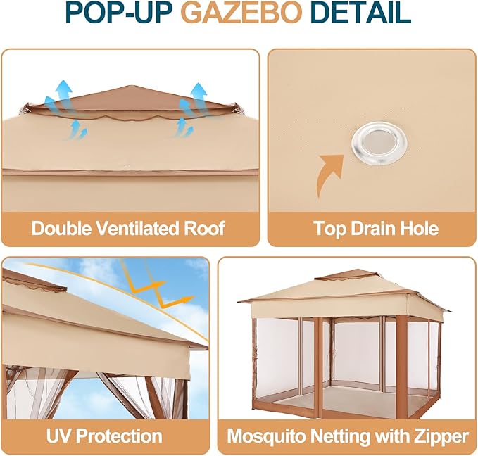11x11 Pop Up Gazebo Canopy Tent Easy Up Outdoor Gazebo – Khaki