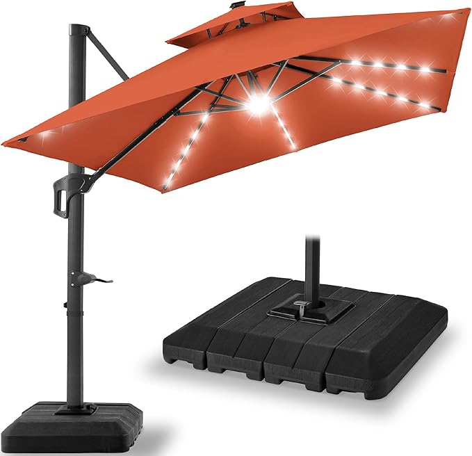 Best Choice Products 9x12ft LED Cantilever Patio Umbrella w/Base Included & 360° Rotation, Large Solar Offset Hanging Outdoor Sun Shade for Deck, Backyard Table w/Stand & Lights – Rust