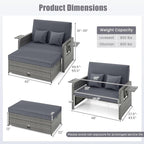 LDAILY Moccha Outdoor Daybed, Wicker Loveseat Sofa Set with 4-Postion Adjustable Backrest, Storage Ottoman, Cushions, Rattan Double Bed Lounger, Patio Furniture Set (Mixed Gray+Gray)