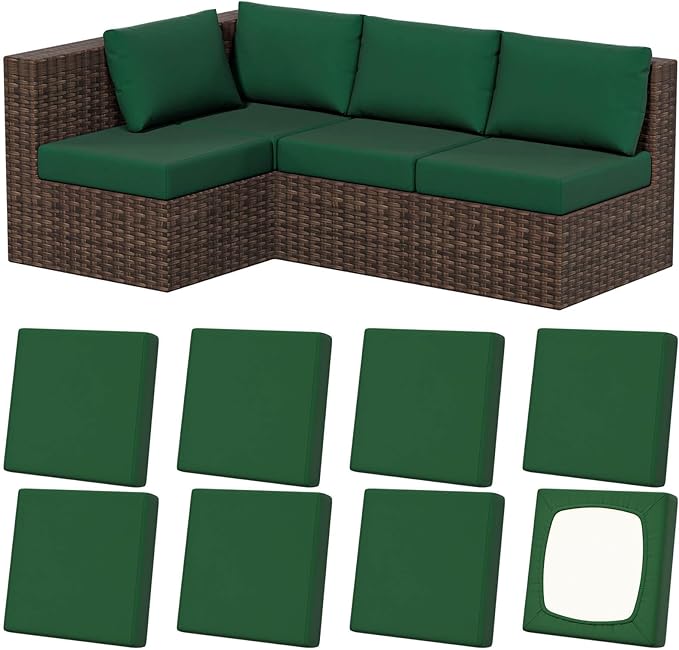 Stretch Outdoor Cushion Covers, 8 Pack, Dark Green, Machine Washable