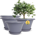 Quarut 12 Inch Large Planter Pot for Plants Indoor Outdoor, 4 Pack Plastic Flower Pots with Drainage Hole & Tray, Modern Decorative Garden Pot with Saucer, Plant Container for House Grey