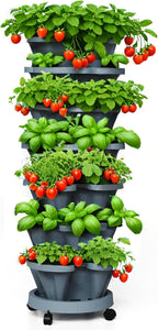 Strawberry Planters, 7 Tiered Vertical Stackable Planter, Herb Stacking Tower Garden, Flower and Vegetable Planters with Support Pole Indoor & Outdoor with Removable Wheels - Dark Grey