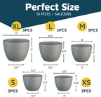Gray Plant Pots with Drainage Holes & Saucers 15 Pack, Indoor & Outdoor Stackable Space-Saving Planters for Houseplants & Flowers, (7", 6.7", 6", 5.3", and 4.8" Inches), Durable & Weatherproof