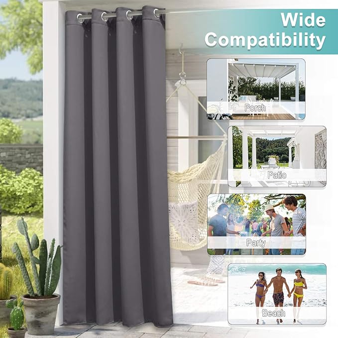NICETOWN Patio Outdoor Curtain 120" Extra Wide Waterproof for Porch, Grommet Vertical Blinds Thermal Insulated Blackout Divider Drape for Outside Balcony/Lounge, Grey, 1 Panel, 84" Long