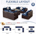 NICESOUL 9 Piece Patio Sectional Sofa Set with Fireplace Natural Gas/Propane, 29.3'' High Back Deep Seats Outdoor Conversation Couch, Extra-Large Wicker Furniture Sets, Brown Rattan and Blue Cushion