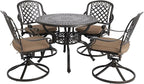 5-Piece Cast Aluminum Outdoor Patio Dining Set, All Weather Cast Aluminum Outdoor Furniture Dining Set for Patio, Balcony, Garden, Backyard w/4 Swivel Chairs & Cushions, 2.0" Umbrella Hole