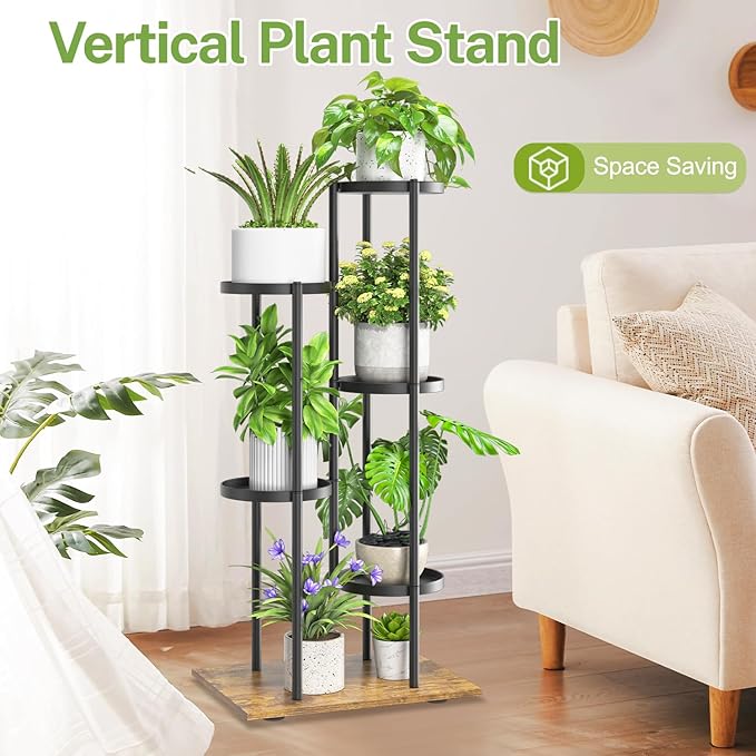 iDavosic.ly 5 Tier Plant Stand Indoor Outdoor, Tiered Corner Multiple Flower Pot Holder Shelf, Metal 37 Inch Tall Display Rack for Patio Porch Living Room Garden Balcony, Modern Black & Rustic Brown