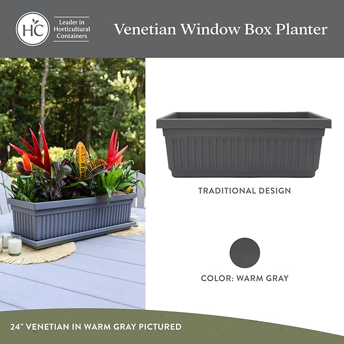 The HC Companies Venetian Window Planter Box w/Drain Plug - Long Planter Box for Windowsills, Balconies & More - Plastic Large Rectangular Planters for Herbs & Flowers (24" Warm Gray, Pack of 1)