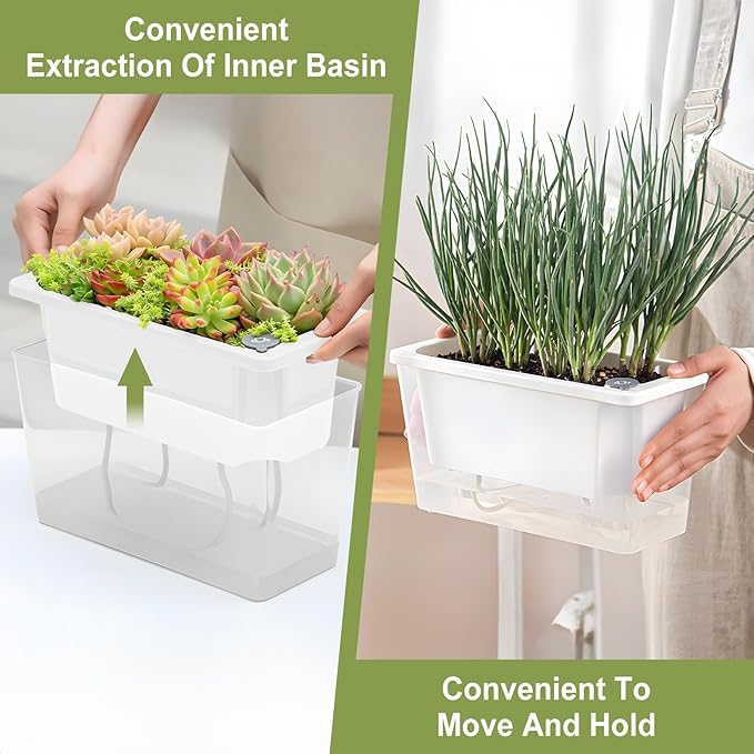 Window Box Planter, 3 Pack 10 Inch Plastic Self Watering Pots for Indoor Plants, Rectangular Flower Pots with Reservoir for Outdoor Indoor Plants Garden Home Decor - White