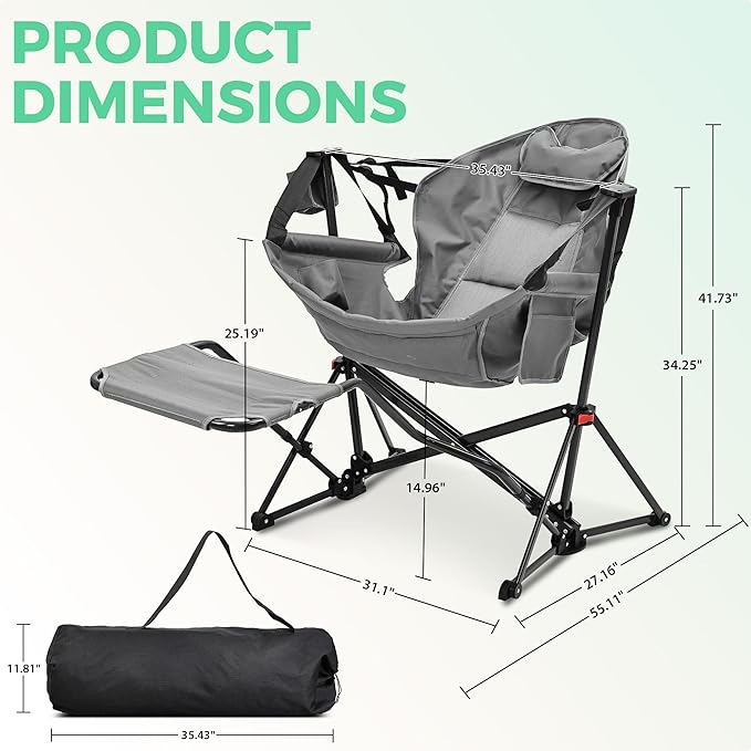 Folding Rocking Chair, Grey Polyester, Footrest and Cup Holder