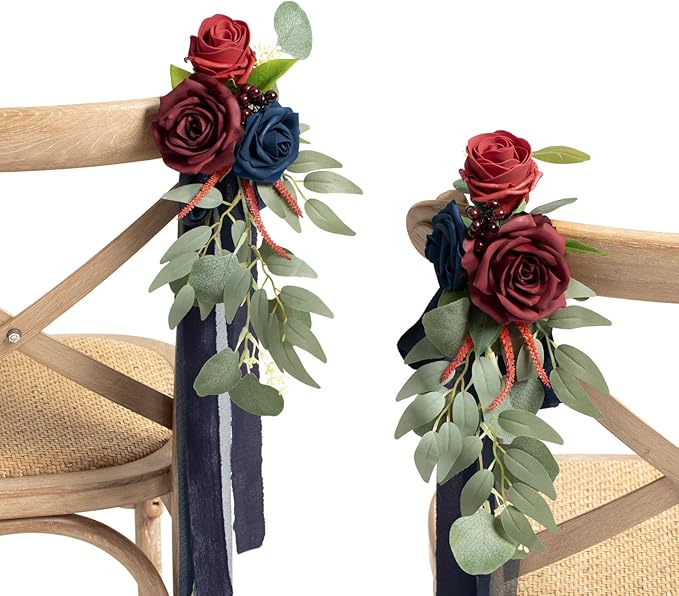 Artificial Flowers for Wedding Aisle, 8 Pack Burgundy and Navy Pew Decor