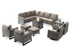 Patio Sectional Furniture Set with Fire Pit Table: 10 Pieces Wicker Patio Conversation Set with L Shaped Sofa, Outdoor Swivel Glider Rocker, Rattan Club Chairs, Ottomans, Removable Cushions Grey