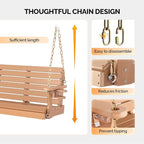 VINGLI Heavy Duty 1600 LBS HDPE Porch Swing Outdoor with Rotatable Cup Holder, 5 FT Patio Bench Swing with Adjustable Chains, 3 Person Hanging Porch Swing Chair for Porch, Yard, Tree, Garden - Teak