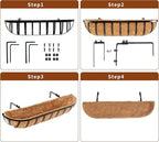 HFHOME 4 Pcs 24" Window Box Deck Railing Planter with Horse Trough Coco Liners, Black Metal Hanging Flower Planters Baskets for Indoor, Outdoor, Balcony, Porch, Fence, Patio, and Lawn