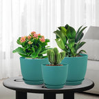Large Flower Pots 12/10/9 inch, Set of 3 Modern Decorative Plastic Planters with Drainage Holes and Saucers for House Plants, Plant Pots for Indoor Outdoor Plants, Blue Green