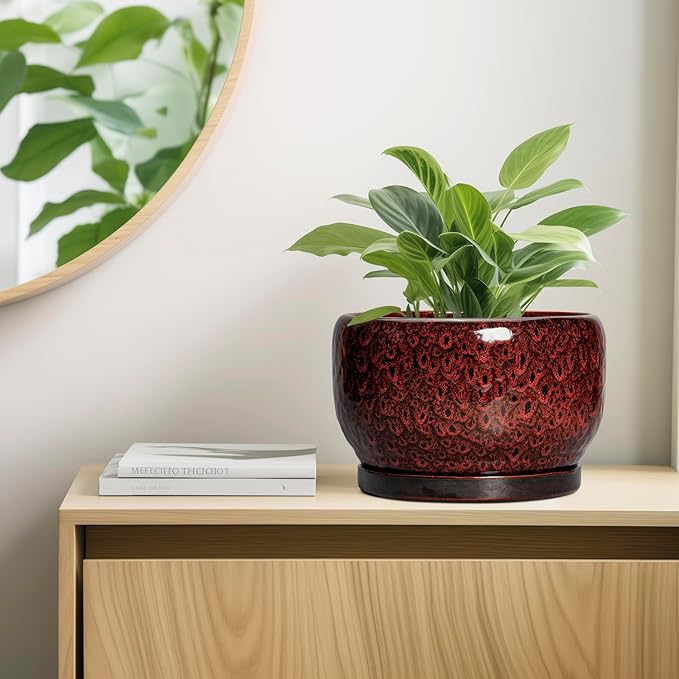 SQOWL Ceramic Flower Pots - 10 Inch Plant Pot Indoor, Ceramic Planter with Drainage Hole and Saucer, Round Decorative Large Planter Outdoor, Home Decor Living Room, Gifts for Plant Lovers, Red